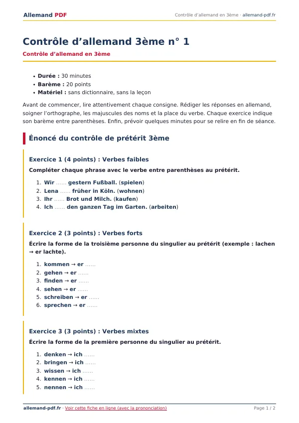 Contrôle « Contrôle d’allemand 3ème n° 1 » en PDF