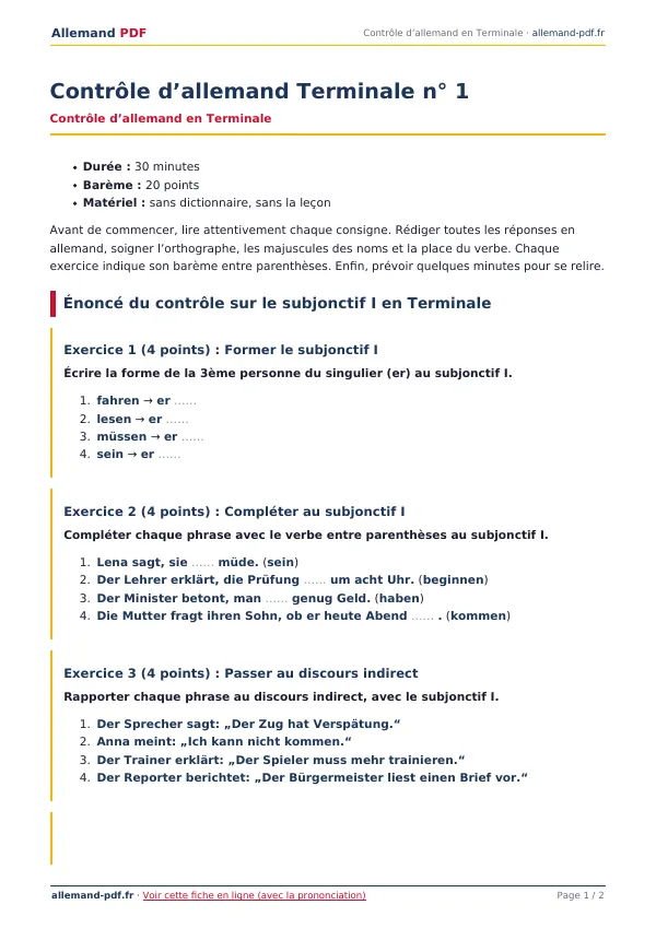 Contrôle « Contrôle d’allemand Terminale n° 1 » en PDF
