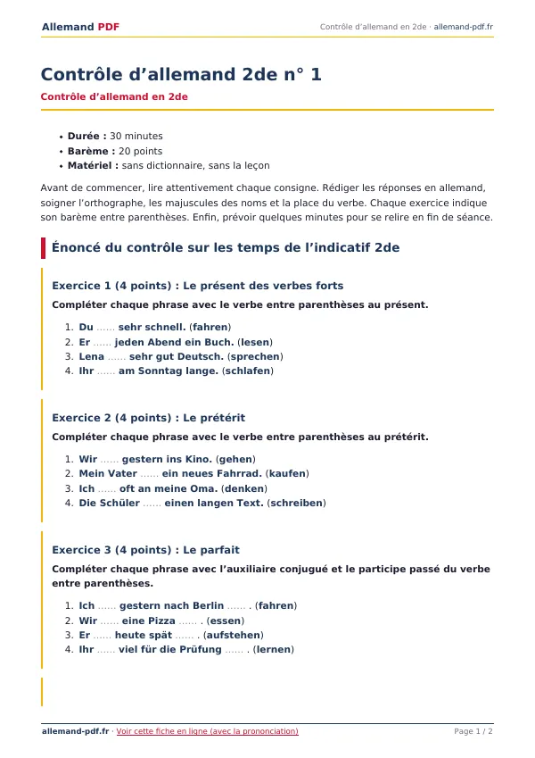 Contrôle « Contrôle d’allemand 2de n° 1 » en PDF