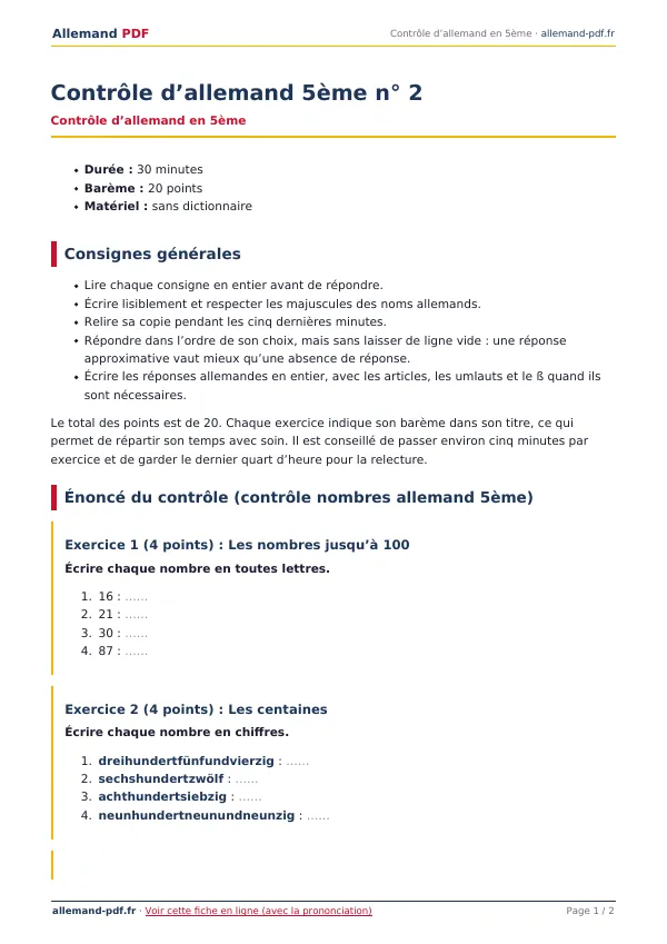 Contrôle « Contrôle d’allemand 5ème n° 2 » en PDF