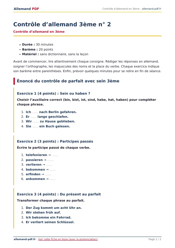Contrôle « Contrôle d’allemand 3ème n° 2 » en PDF