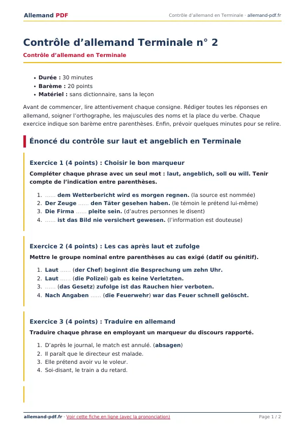 Contrôle « Contrôle d’allemand Terminale n° 2 » en PDF