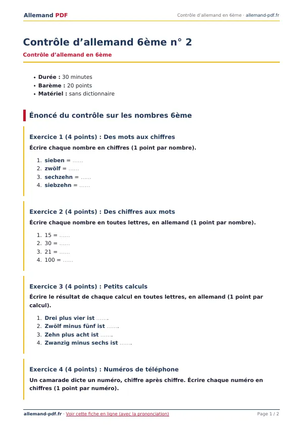 Contrôle « Contrôle d’allemand 6ème n° 2 » en PDF