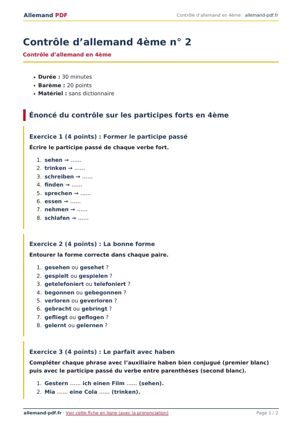 Contrôle « Contrôle d’allemand 4ème n° 2 » en PDF