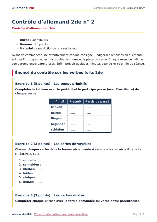 Contrôle « Contrôle d’allemand 2de n° 2 » en PDF