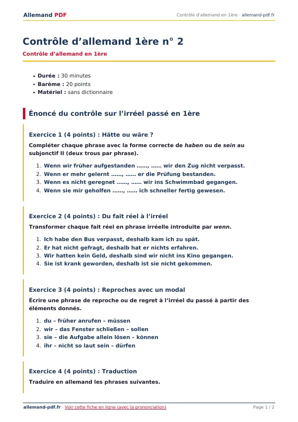 Contrôle « Contrôle d’allemand 1ère n° 2 » en PDF