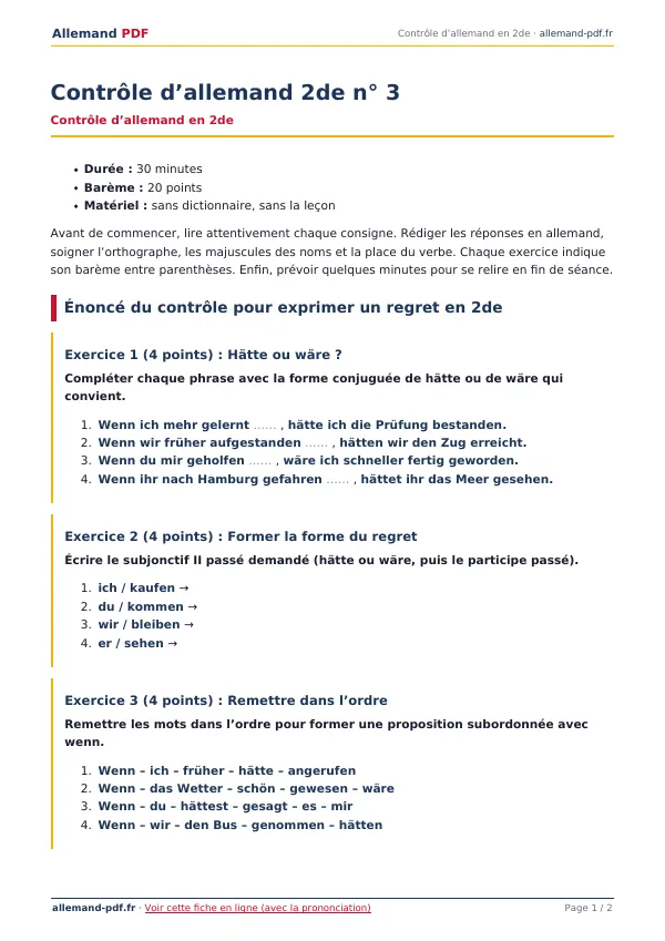Contrôle « Contrôle d’allemand 2de n° 3 » en PDF