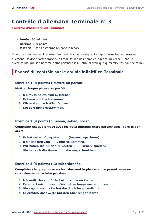 Contrôle « Contrôle d’allemand Terminale n° 3 » en PDF