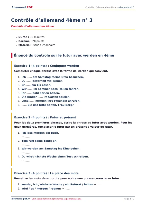 Contrôle « Contrôle d’allemand 4ème n° 3 » en PDF