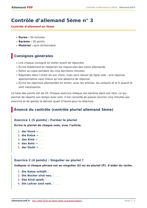 Contrôle « Contrôle d’allemand 5ème n° 3 » en PDF