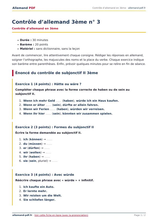 Contrôle « Contrôle d’allemand 3ème n° 3 » en PDF
