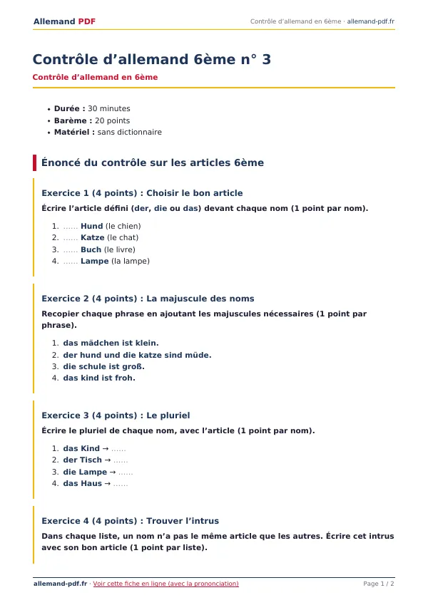 Contrôle « Contrôle d’allemand 6ème n° 3 » en PDF