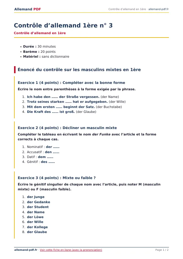 Contrôle « Contrôle d’allemand 1ère n° 3 » en PDF
