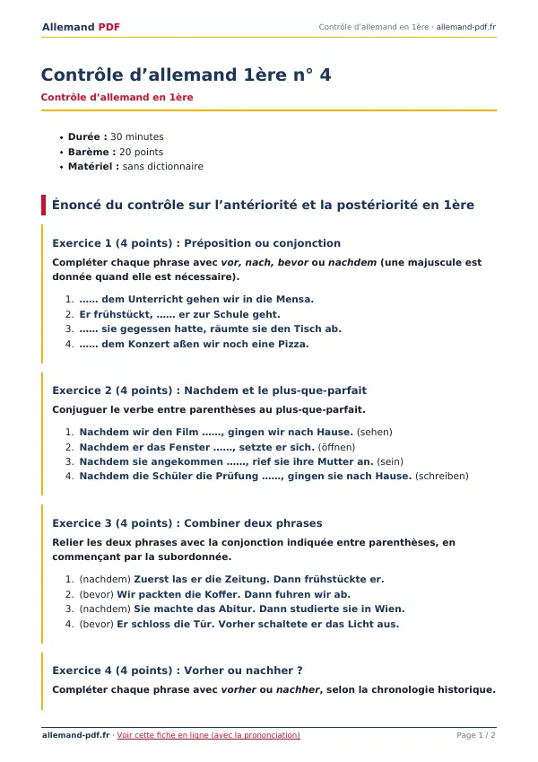 Contrôle « Contrôle d’allemand 1ère n° 4 » en PDF