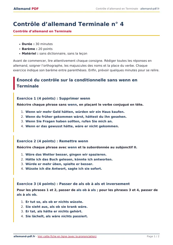 Contrôle « Contrôle d’allemand Terminale n° 4 » en PDF