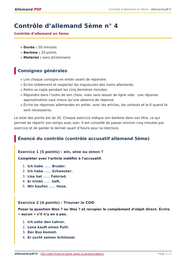 Contrôle « Contrôle d’allemand 5ème n° 4 » en PDF