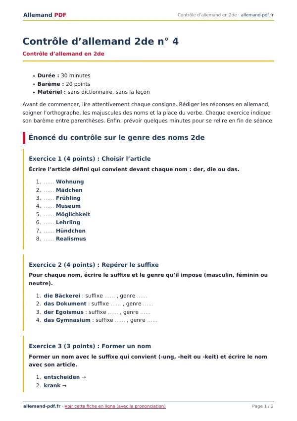 Contrôle « Contrôle d’allemand 2de n° 4 » en PDF