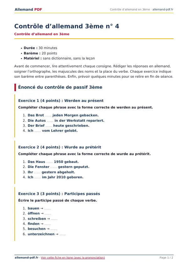 Contrôle « Contrôle d’allemand 3ème n° 4 » en PDF