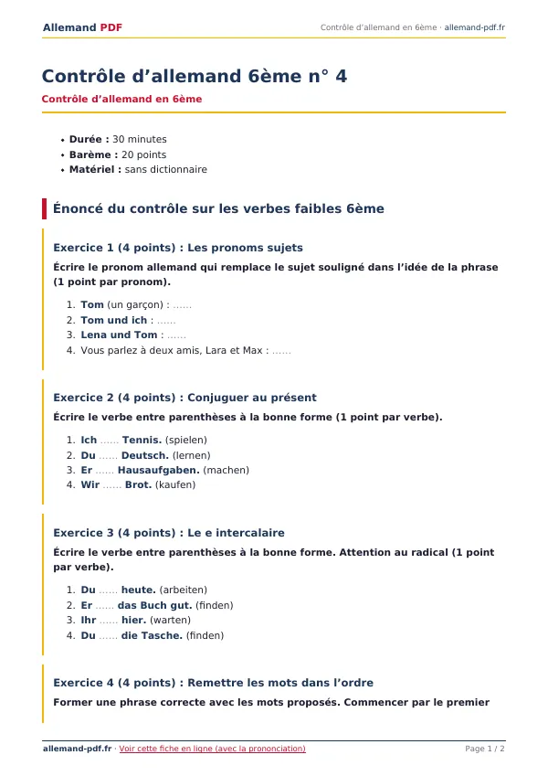 Contrôle « Contrôle d’allemand 6ème n° 4 » en PDF