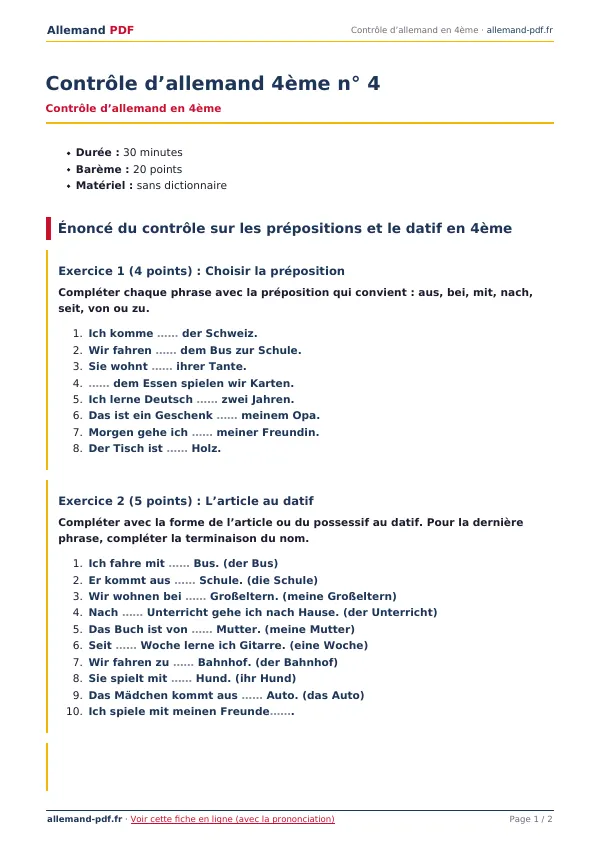 Contrôle « Contrôle d’allemand 4ème n° 4 » en PDF