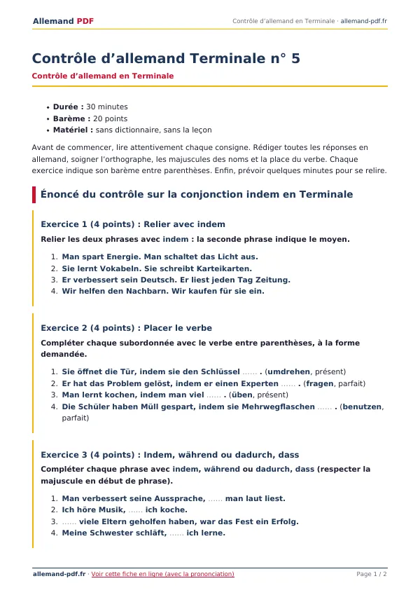 Contrôle « Contrôle d’allemand Terminale n° 5 » en PDF
