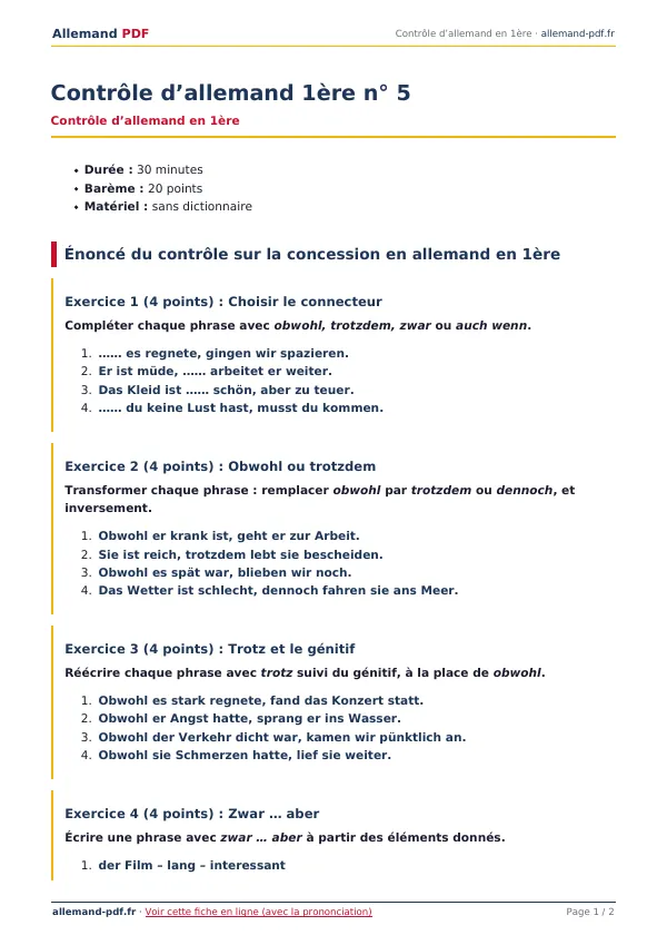 Contrôle « Contrôle d’allemand 1ère n° 5 » en PDF