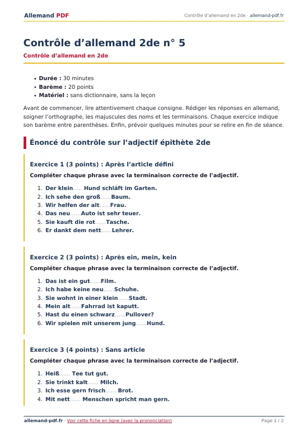 Contrôle « Contrôle d’allemand 2de n° 5 » en PDF