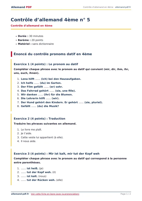 Contrôle « Contrôle d’allemand 4ème n° 5 » en PDF