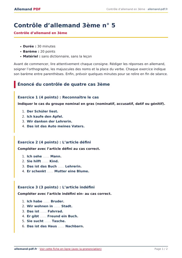 Contrôle « Contrôle d’allemand 3ème n° 5 » en PDF