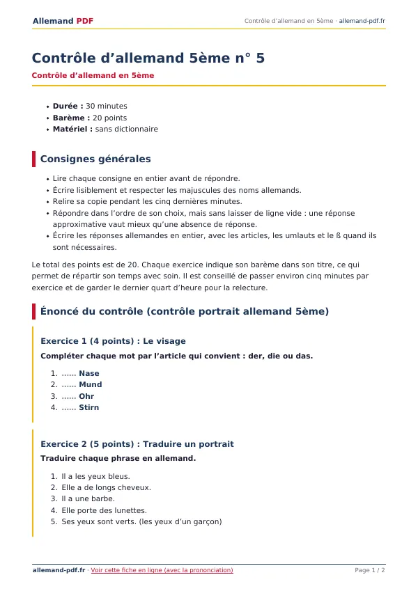 Contrôle « Contrôle d’allemand 5ème n° 5 » en PDF