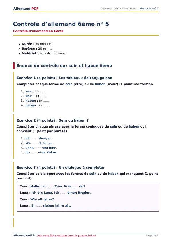 Contrôle « Contrôle d’allemand 6ème n° 5 » en PDF