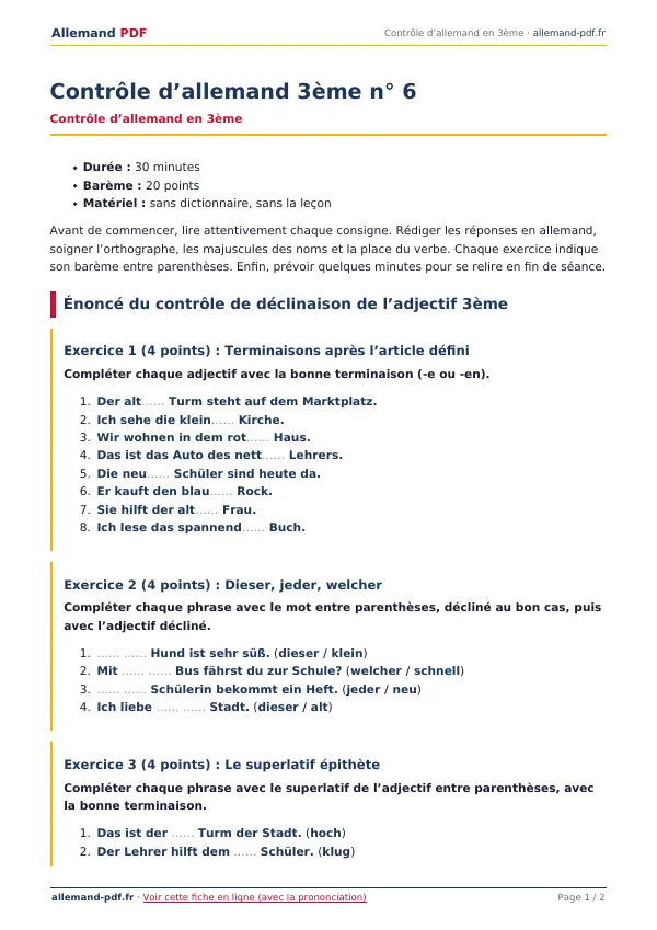 Contrôle « Contrôle d’allemand 3ème n° 6 » en PDF