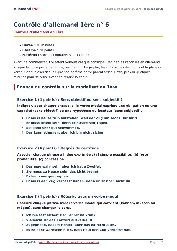 Contrôle « Contrôle d’allemand 1ère n° 6 » en PDF