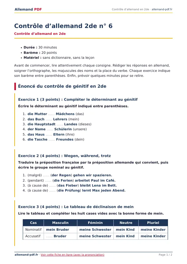Contrôle « Contrôle d’allemand 2de n° 6 » en PDF