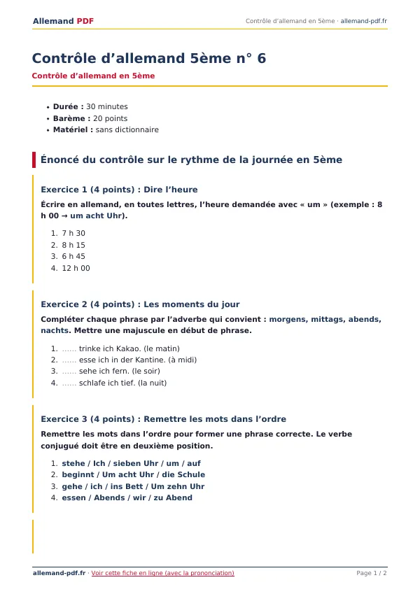Contrôle « Contrôle d’allemand 5ème n° 6 » en PDF