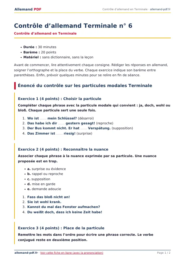 Contrôle « Contrôle d’allemand Terminale n° 6 » en PDF