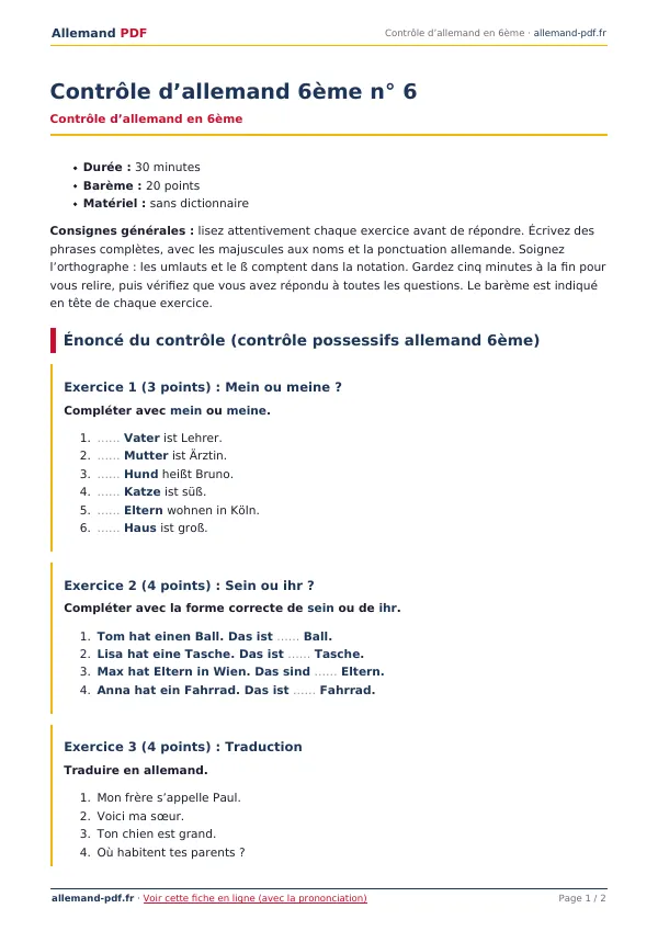 Contrôle « Contrôle d’allemand 6ème n° 6 » en PDF