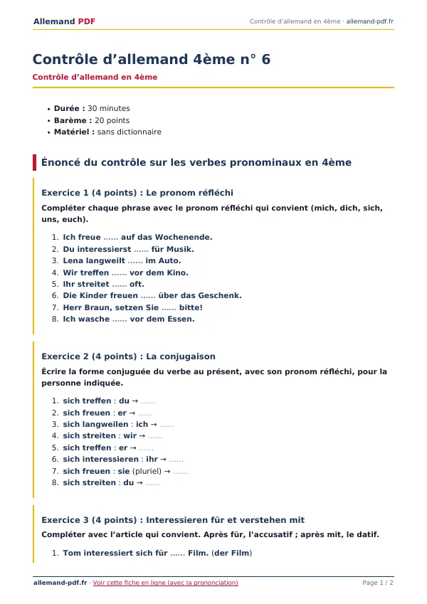 Contrôle « Contrôle d’allemand 4ème n° 6 » en PDF