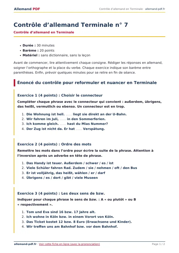 Contrôle « Contrôle d’allemand Terminale n° 7 » en PDF