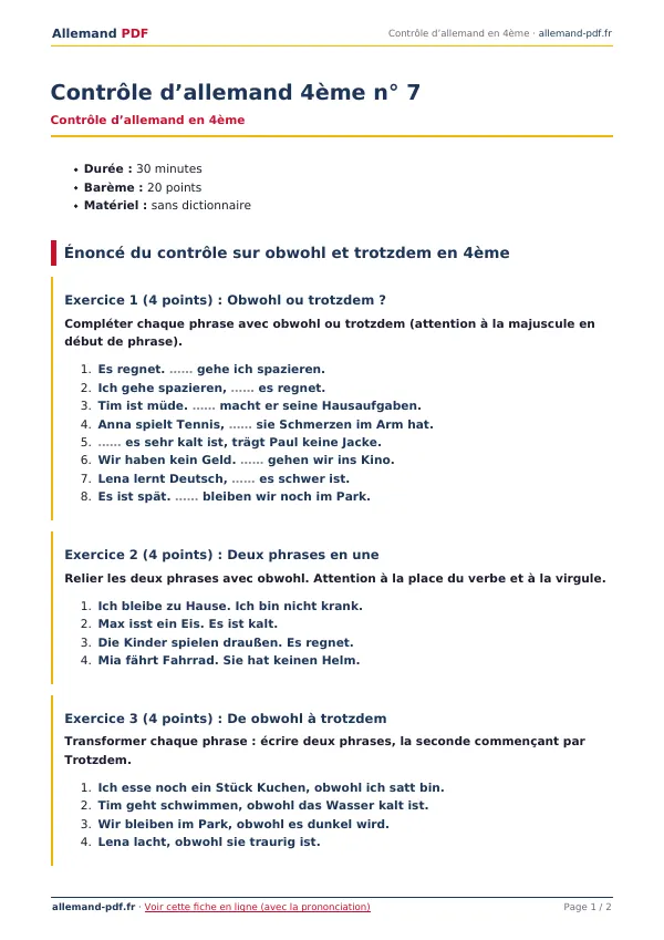 Contrôle « Contrôle d’allemand 4ème n° 7 » en PDF