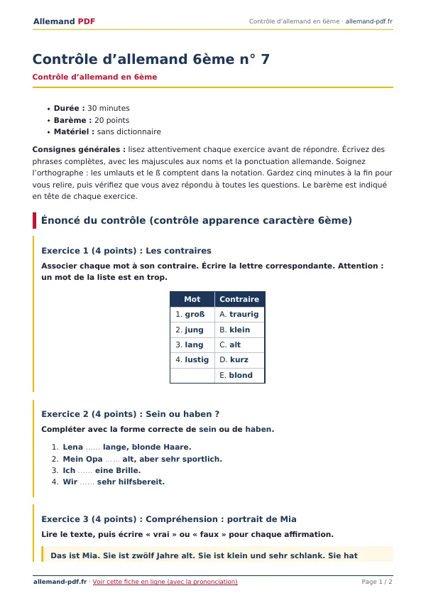 Contrôle « Contrôle d’allemand 6ème n° 7 » en PDF