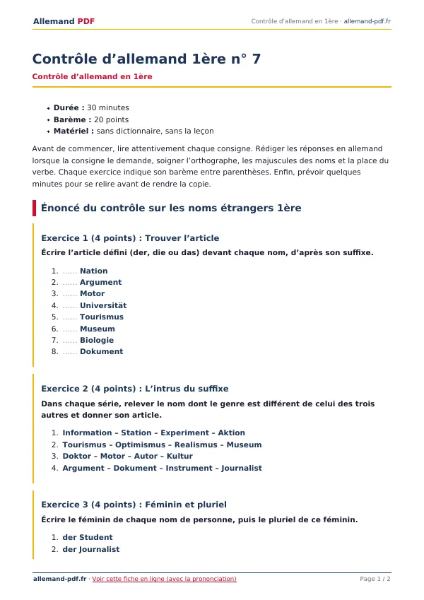 Contrôle « Contrôle d’allemand 1ère n° 7 » en PDF