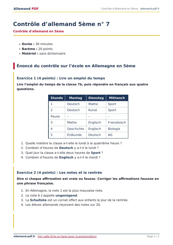 Contrôle « Contrôle d’allemand 5ème n° 7 » en PDF