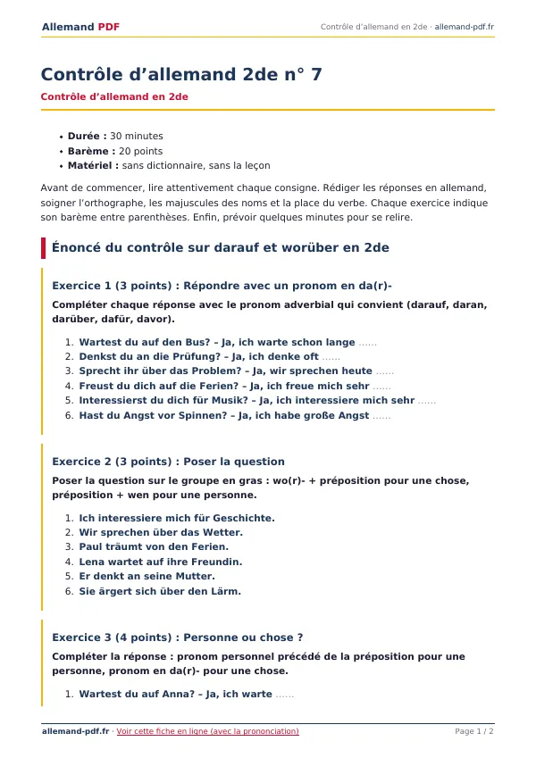 Contrôle « Contrôle d’allemand 2de n° 7 » en PDF