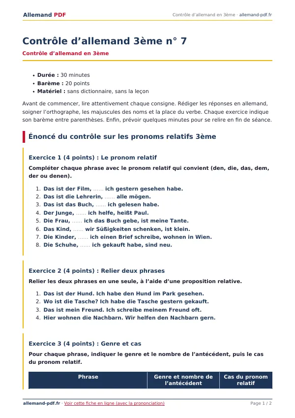 Contrôle « Contrôle d’allemand 3ème n° 7 » en PDF