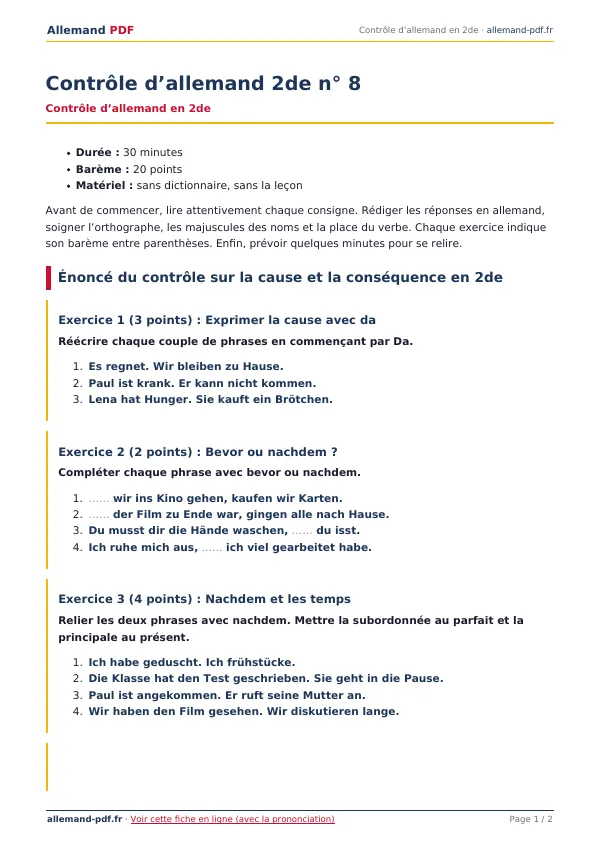 Contrôle « Contrôle d’allemand 2de n° 8 » en PDF