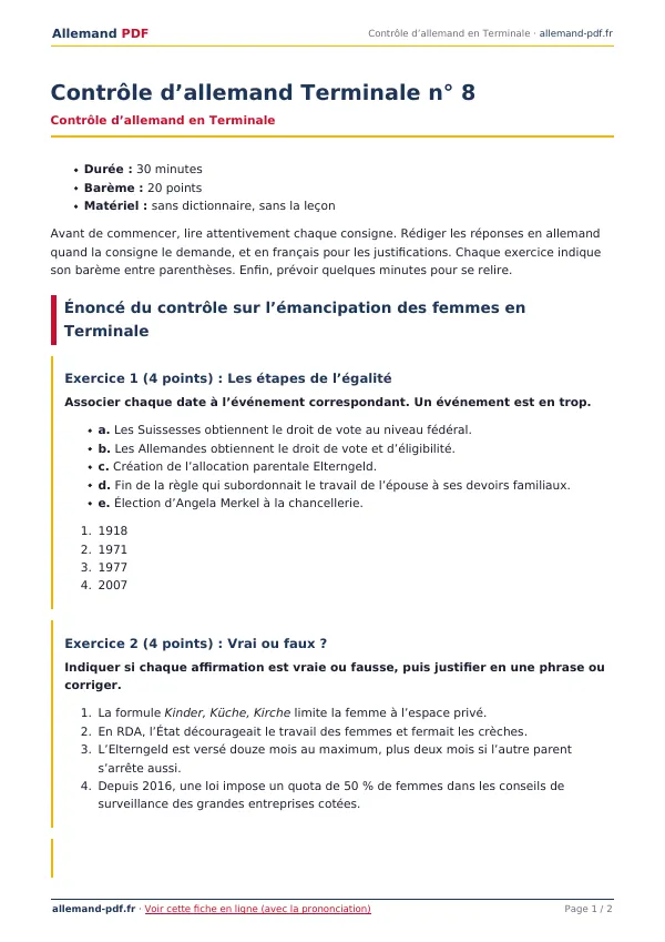 Contrôle « Contrôle d’allemand Terminale n° 8 » en PDF