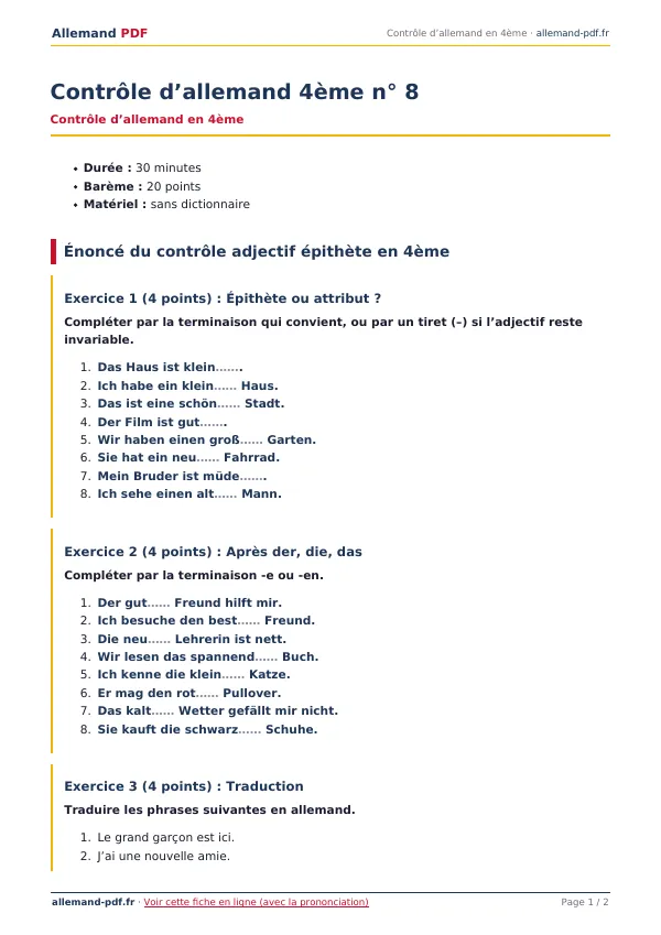 Contrôle « Contrôle d’allemand 4ème n° 8 » en PDF