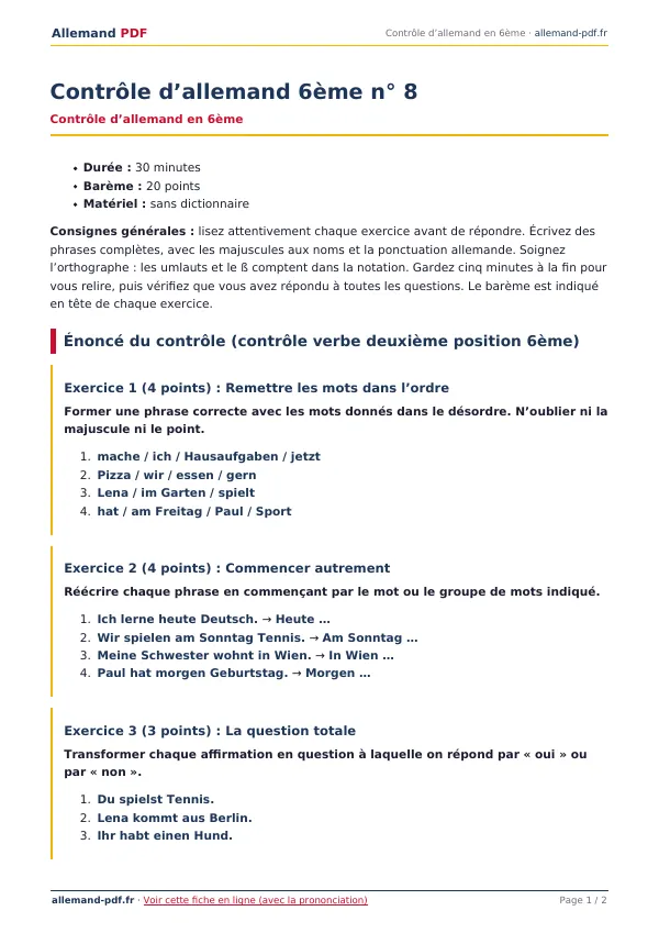 Contrôle « Contrôle d’allemand 6ème n° 8 » en PDF