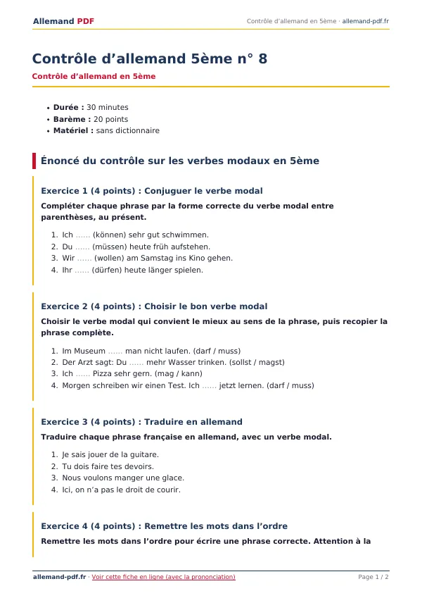 Contrôle « Contrôle d’allemand 5ème n° 8 » en PDF